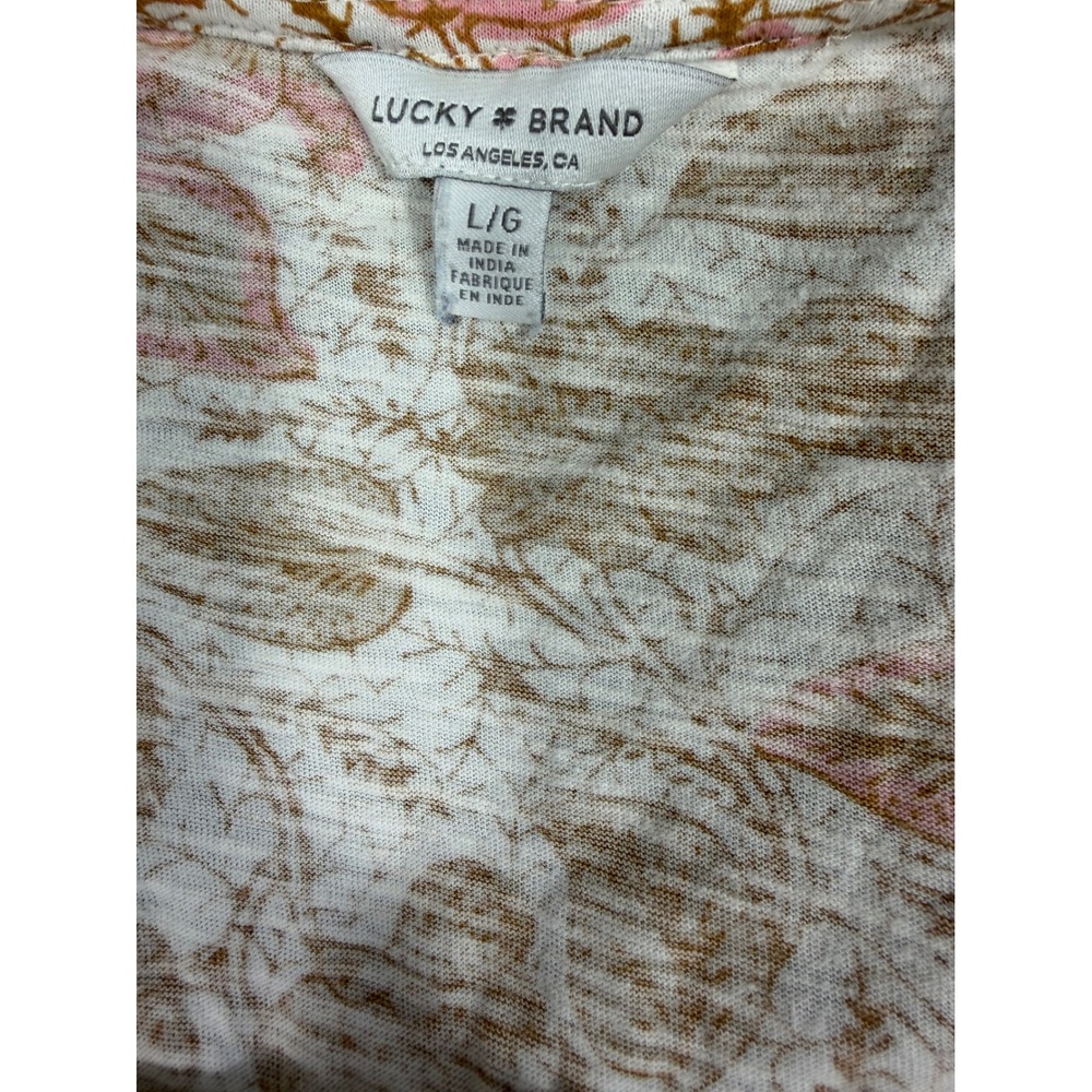 Lucky Brand Floral Top Womens Large Pink Tan Flutter Sleeve V Neck Boho - Picture 7 of 12